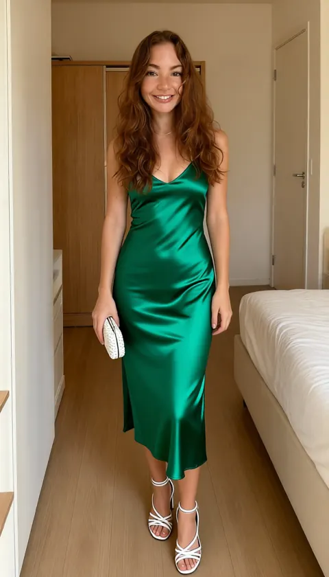 Diana com vestido verde acetinado e sandália branca