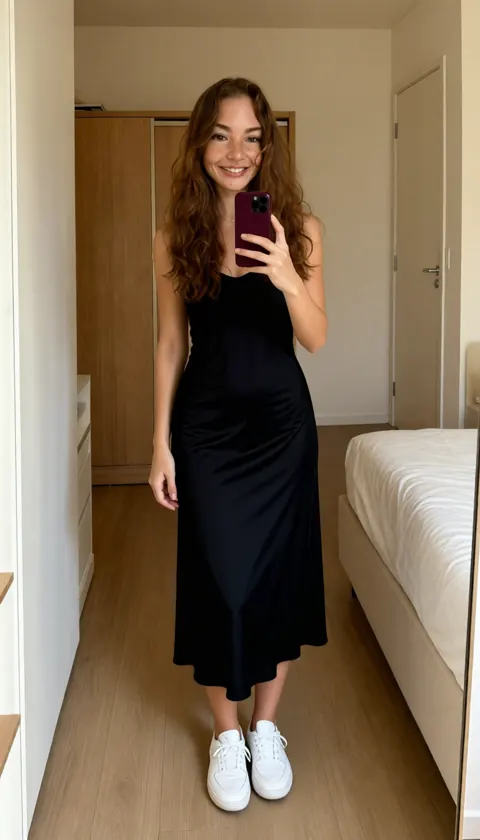 Diana no espelho com vestido preto longo e tênis branco